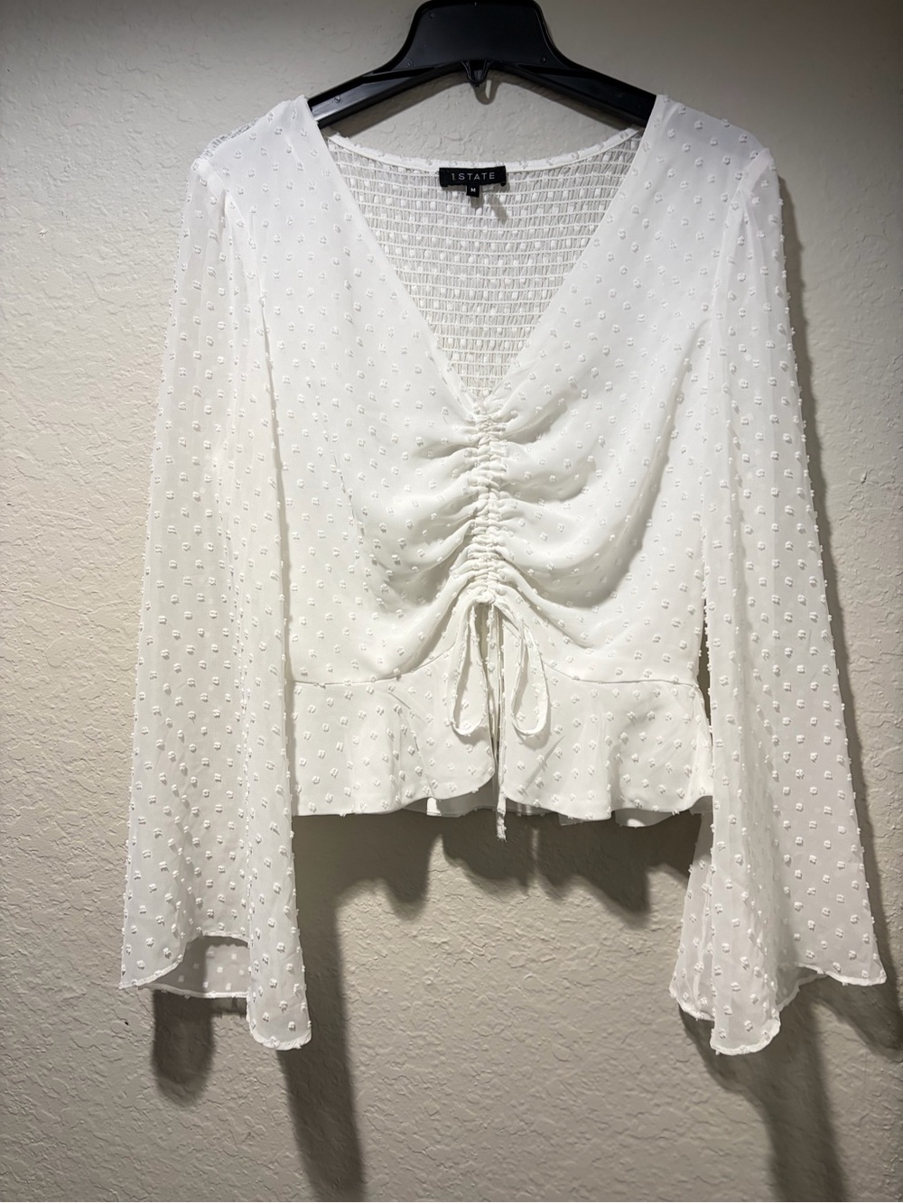 STATE White Swiss Dot Ruched Tie-Front Blouse